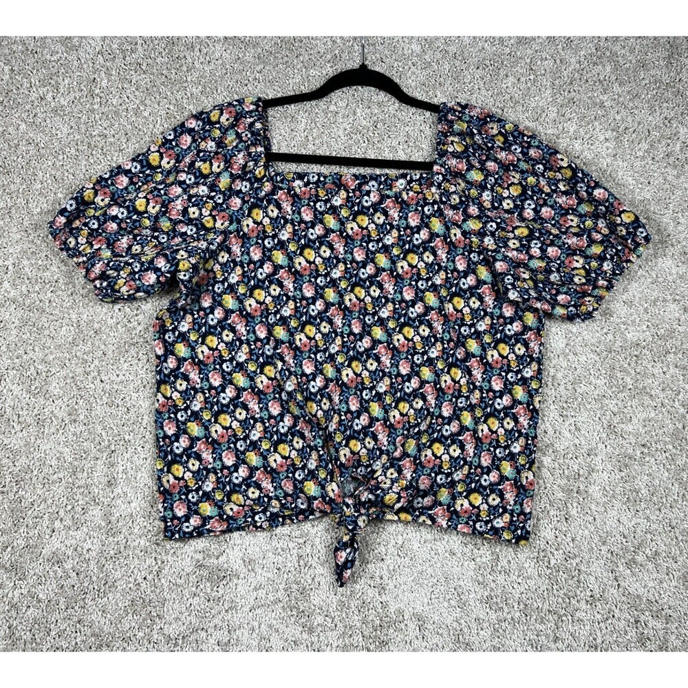 LOFT Floral Tie Front Blouse Womens L Navy Puff Sleeve Cottagecore Top